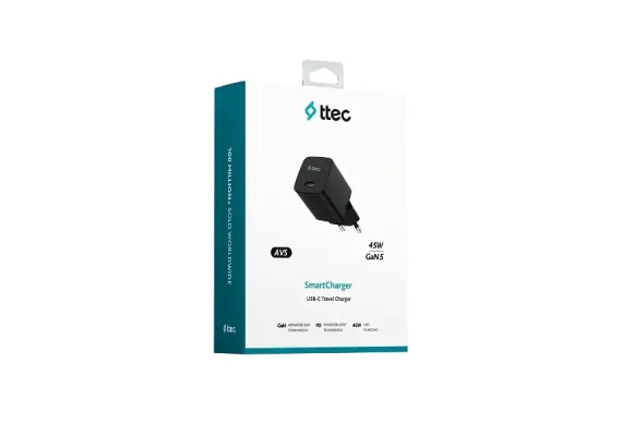 SmartCharger GAN 45W PD  Ταχυφορτιστής Ταξιδιού USB-C - USB-C , Μαύρος - Φορτιστές Πρίζας στο ttec.gr